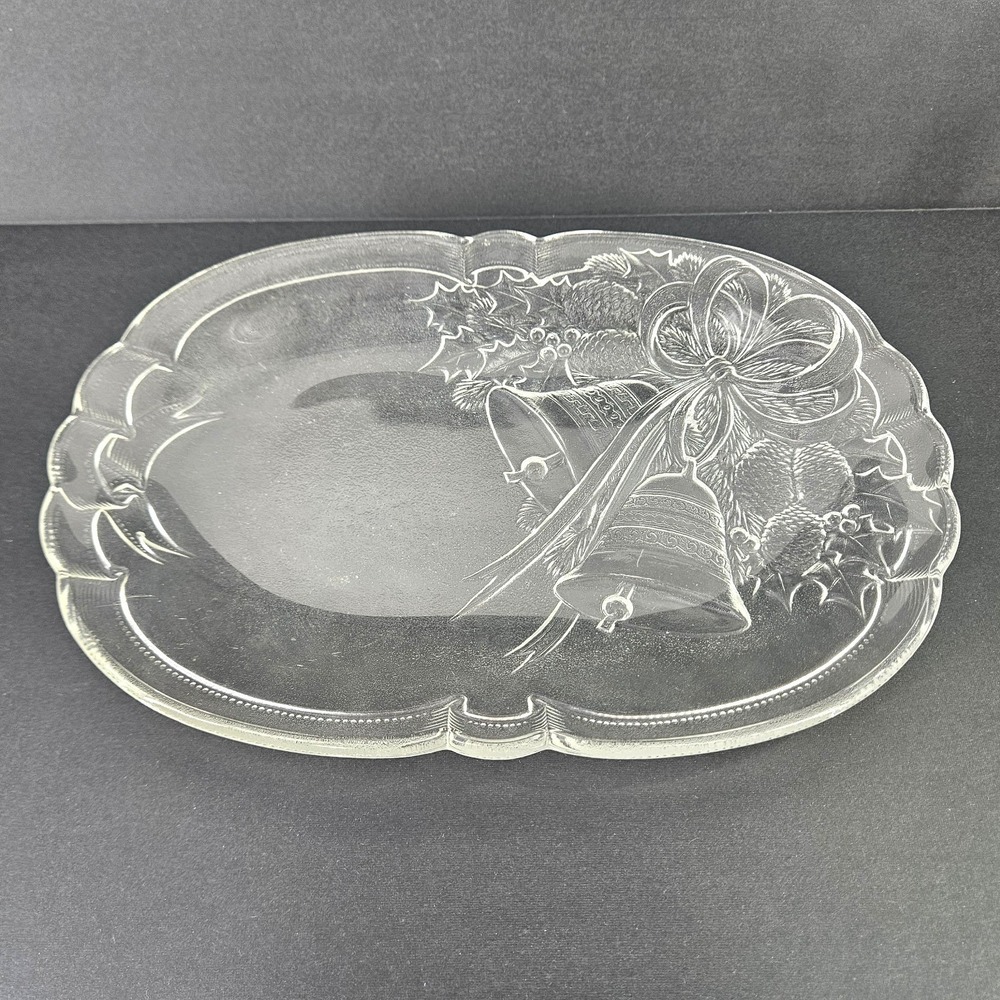 Mikasa Holiday Bells 10 1/4" Oblong Crystal Cut Glass Plate Vintage‎ Christmas
